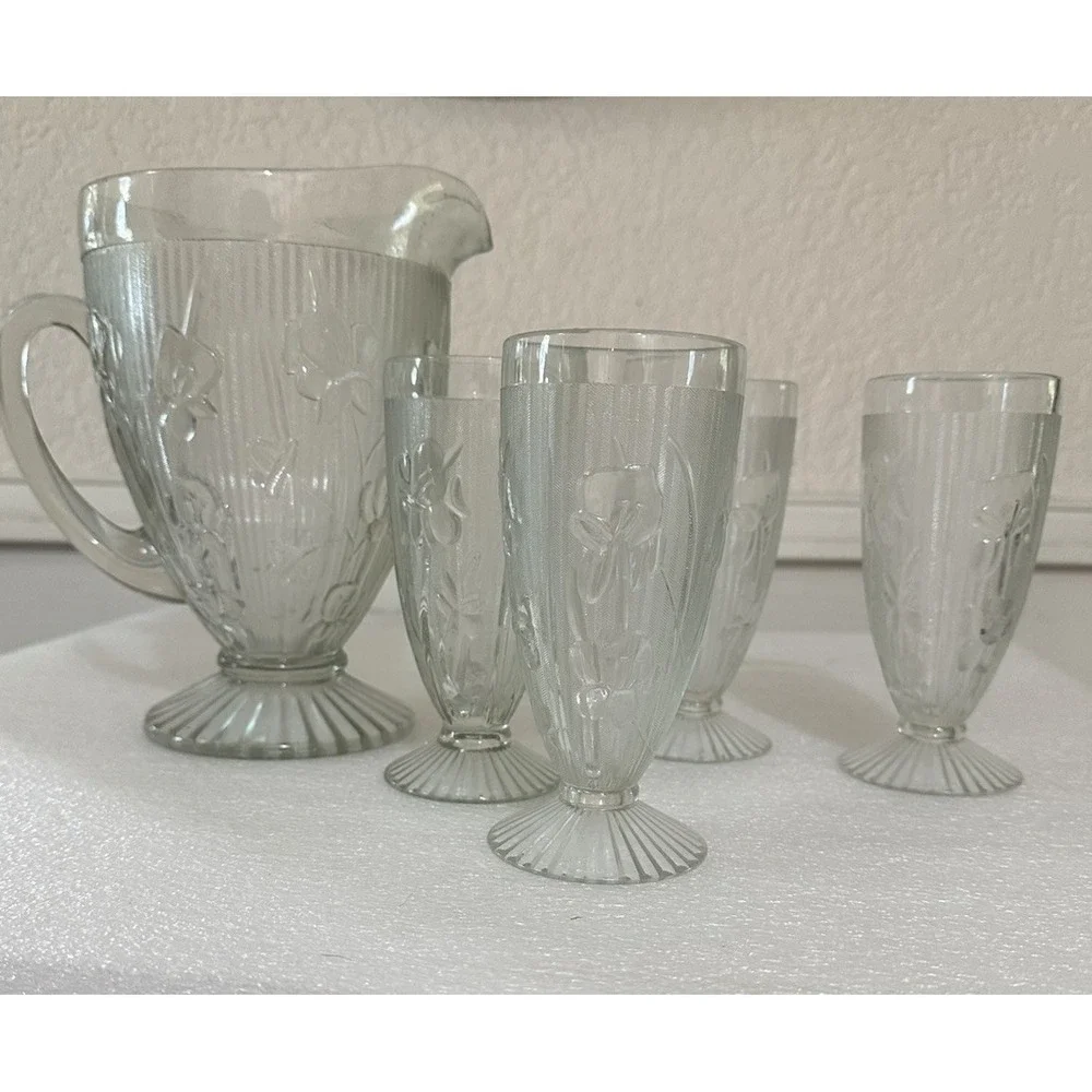 Vtg Clear Depression Glass Jeanette Iris & Herringbone Pitcher & 4 Tall Glasses